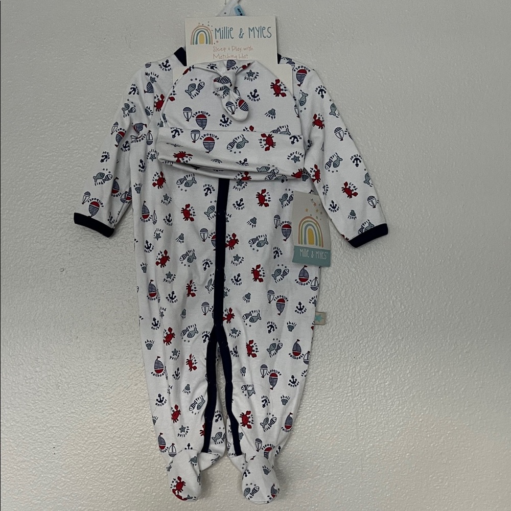 NWT Millie & Myles Blue White Button Down Sleep and Play Footie with Hat sz 0-3M